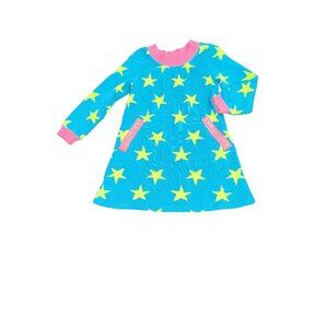 Hanna Andersson Girl 3T Teal Blue Lime Star Print Long Sleeve Pullover Dress